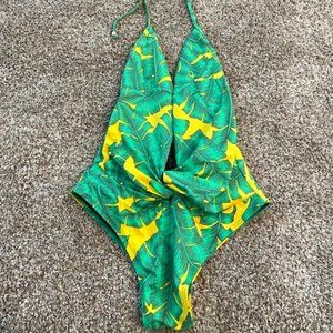 Letarte One Piece Halter Low Cut Plunge Swimsuit Baithing Suit Green Palm Yellow